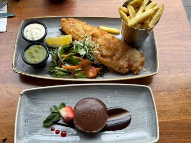 Affordable 2 course group dinner Beer Battered Fillet of Today's Catch served with chips, Brownie served with Ice-Cream and Chocolate Sauce. Affordable 2 course dinners for groups
