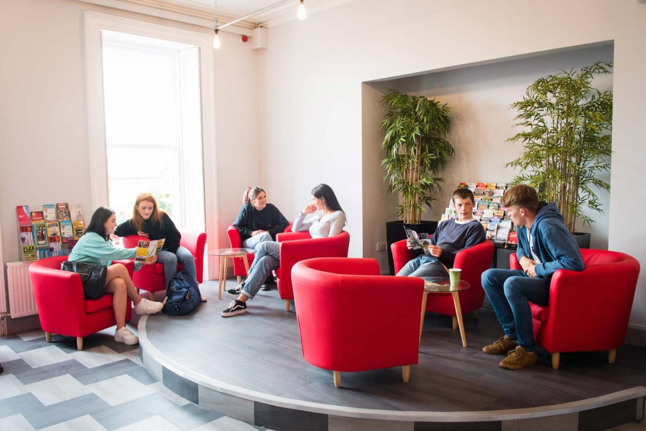 Sheilas Hostel Reception Area in Cork Group of Students - Reception Sitting Area