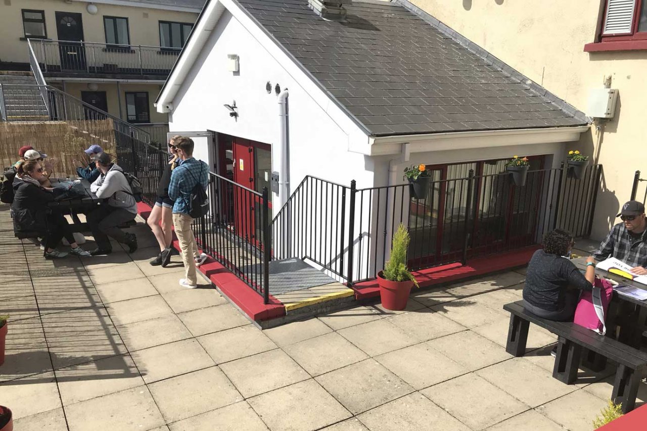 Galway Hostel Patio with Picnic Tables Patio Area Group of Students Sitting Around Picnic Tables